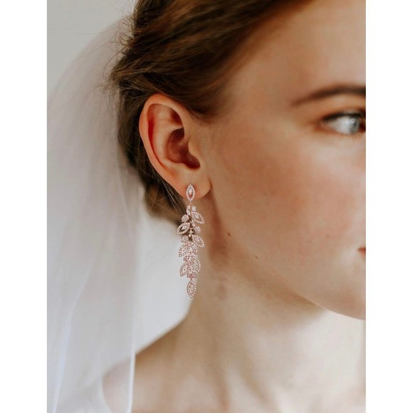 14K Gold Plated Leaflet Special Occasion Dangle Drop Earrings - Picture 3 of 10